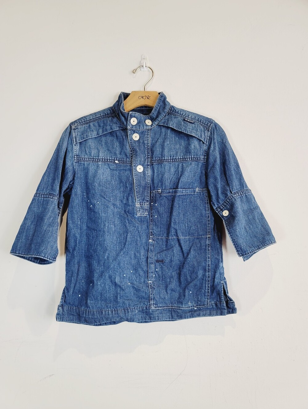 RAW Blue Denim Button-Front Paint Splatter Jacket, Size XS